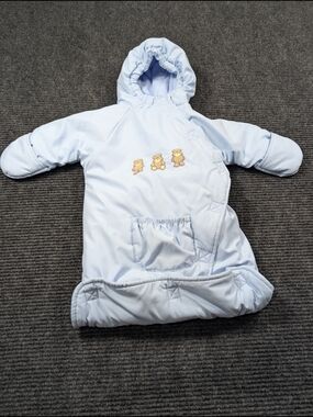 VTG Bright Future Baby Blue Teddy Bear Pram Bunting Snowsuit 0-9M